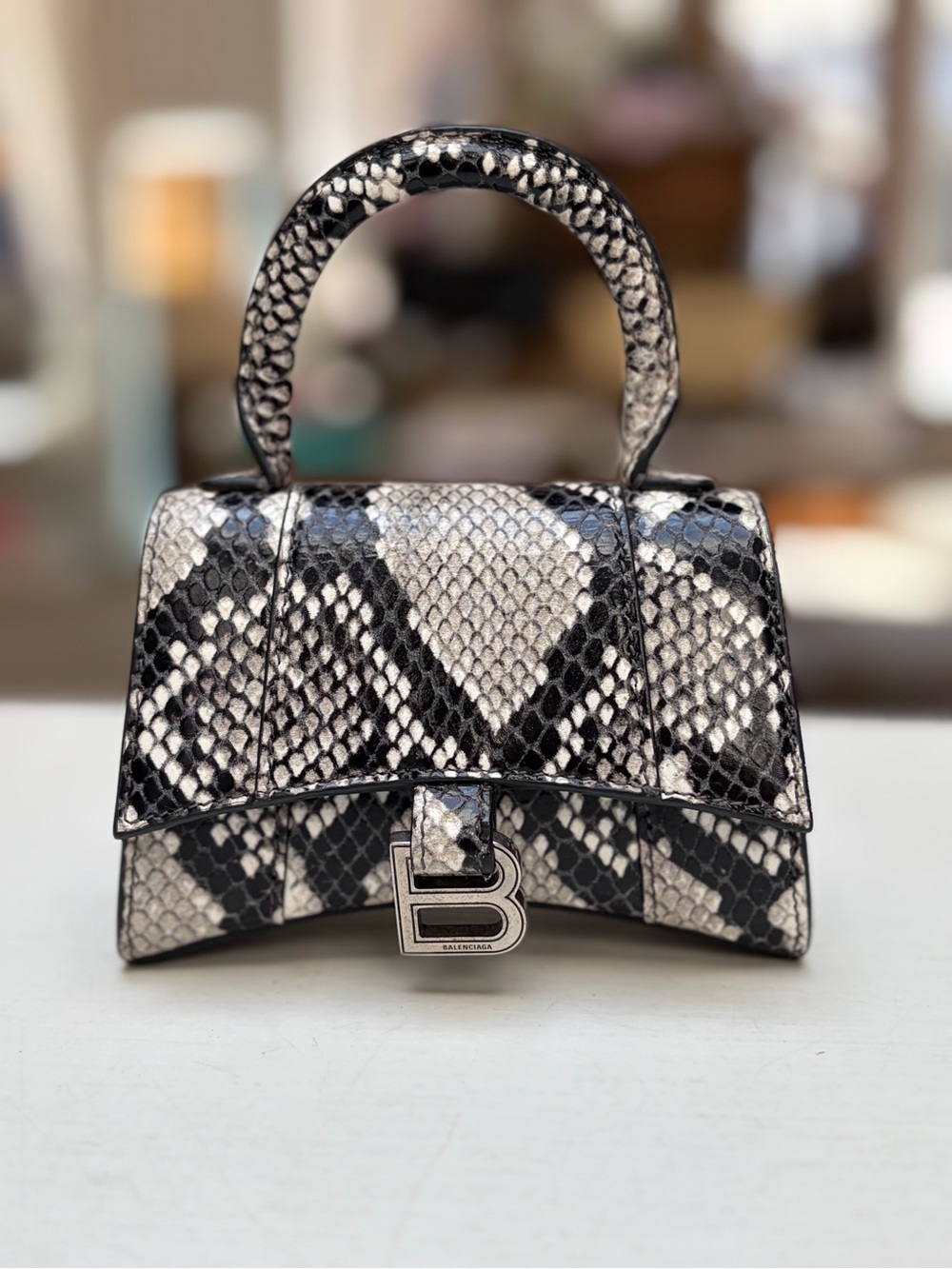 Balenciaga Black and White Python-Print Mini Top Handle Bag